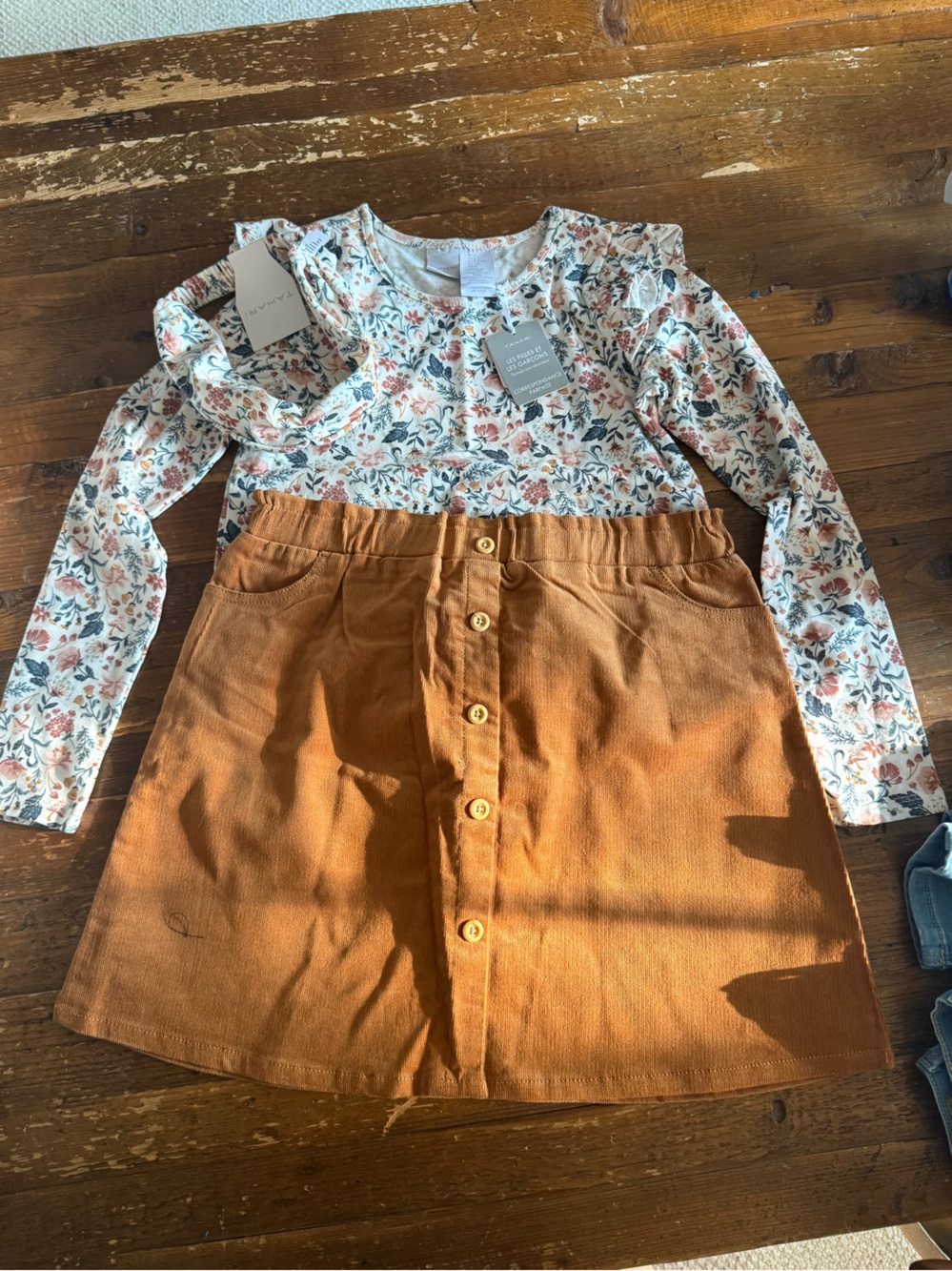 Tahari White Floral Long-Sleeve Tee with Rust Button Skirt